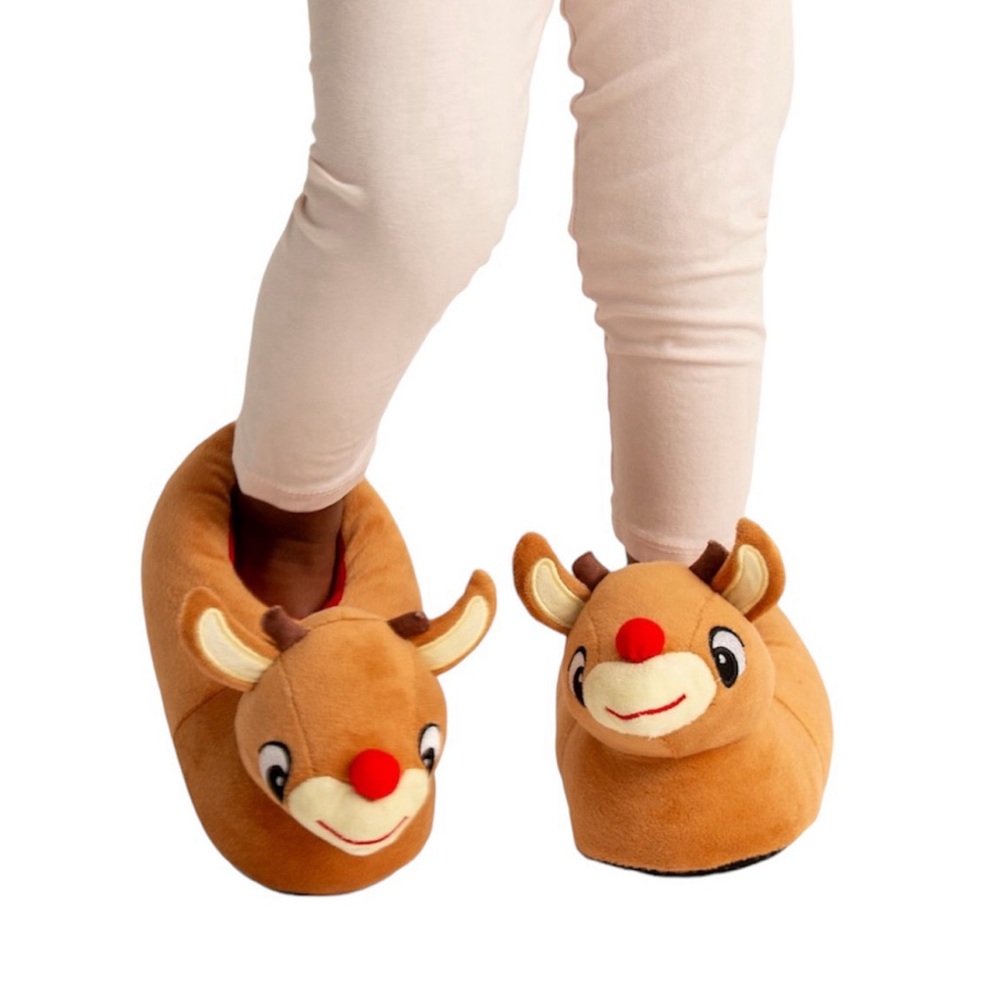 RUDOLPH THE RED-NOSED REINDEER 3D CHARACTER HEAD YOUTH BROWN PLUSH SLIPPERS